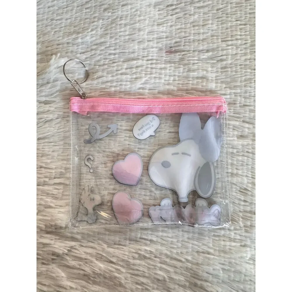 Snoopy Belle clear pouch keychain pink zipper Snoopy hearts and text
